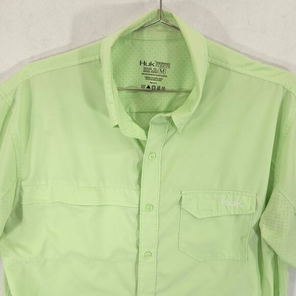 HUK Shirt Mens M Light Green Outdoor Vented Performance Short Sleeve Button Down - Picture 2 of 12